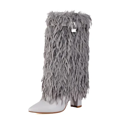 Women Fold Over Faux Fur Mid Calf Boots