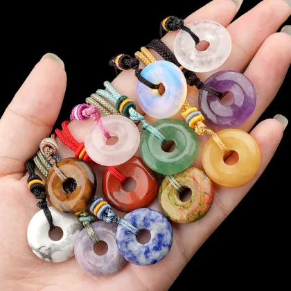 20MM Round Donut Pendant Woven Necklace With Colorful Rope Natural Crystal Circle Donut Pendant Charm Adjustable Choker Necklace