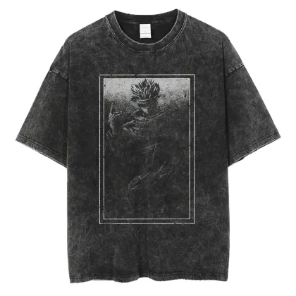 Oversized Gojo Acid Wash Anime Printed Streetwear T-Shirt for Men