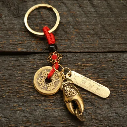 Handmade Vintage Brass Crab Keyring with Five Emperors Coins Feng Shui Lanyard Pendant