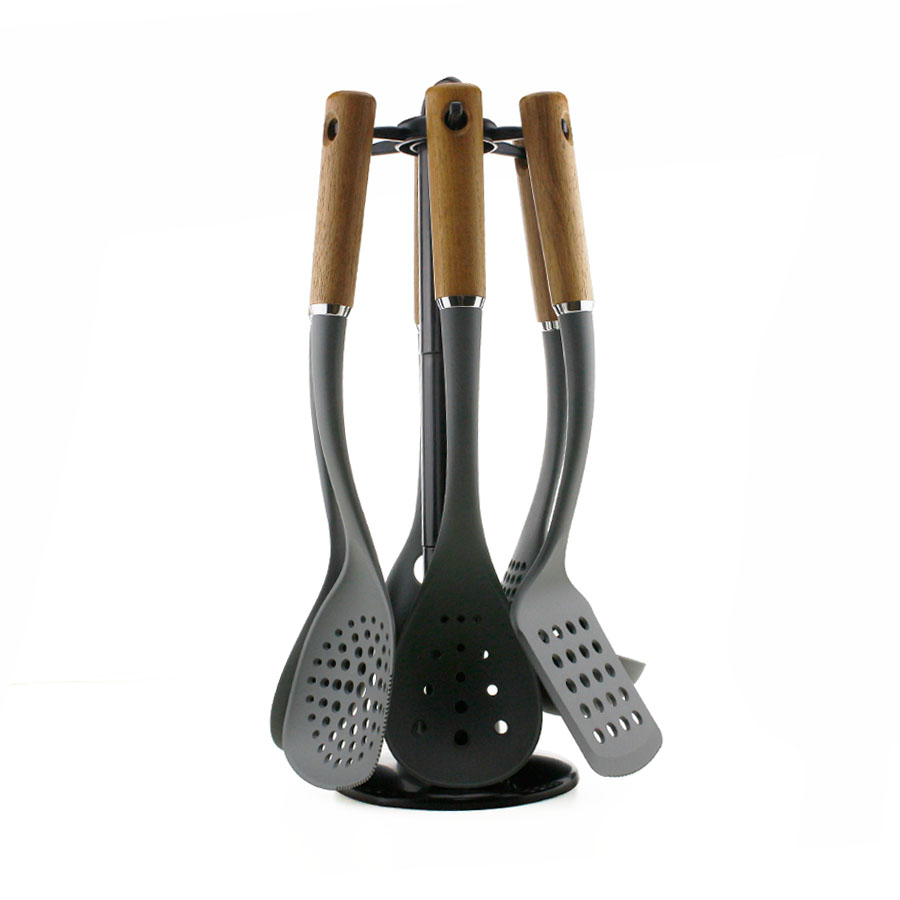 Set di utensili da cucina in nylon con manico in legno 6 pezzi