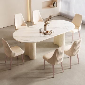 Marble Top Pedestal Dining Table with Stainless Steel Base