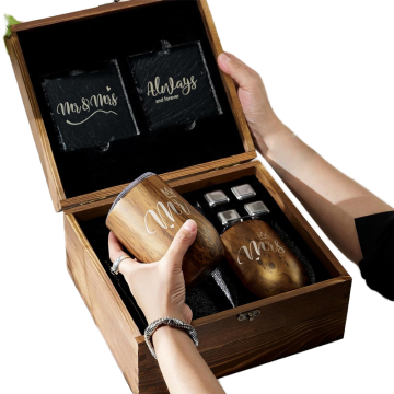 Engraved Stainless Steel Wine Tumblers with Wooden Keepsake Box - Romantic Wedding Gift for Newlyweds