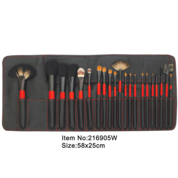 21pcs red handle animal hair makeup brush set with  satin Stitching case