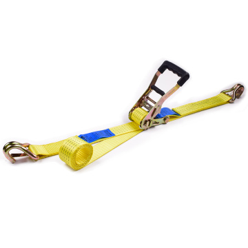 2" 5 Ton 50mm Rubber Handle Ratchet Buckle Tie Down Yellow Straps With 2 Inch Double J Hooks Safety Latch