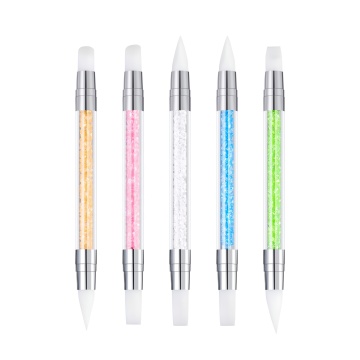 Colorful Acrylic Crystal Handle Nail Art Brush Double-head Silicone Pen Sculpture Dotting Tool