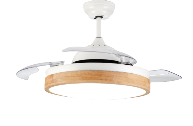 White Modern Retractable Ceiling Fan with Wood Lampshade