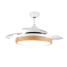 White Modern Retractable Ceiling Fan with Wood Lampshade