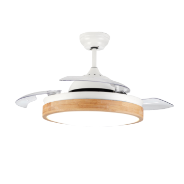 Ventilateur de plafond rétractable moderne blanc avec abat-jour en bois