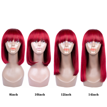10a 12 Inch 150% Density 99J Burgundy Red Color Short Straight Blunt 100 Percent Indian Human Hair Bob Wigs with Bang