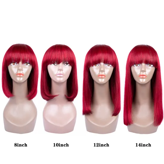 10a 12 Inch 150% Density 99J Burgundy Red Color Short Straight Blunt 100 Percent Indian Human Hair Bob Wigs with Bang