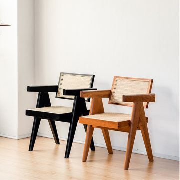 Modern Nordic Wooden Cane Armrest Rattan Dining Chair