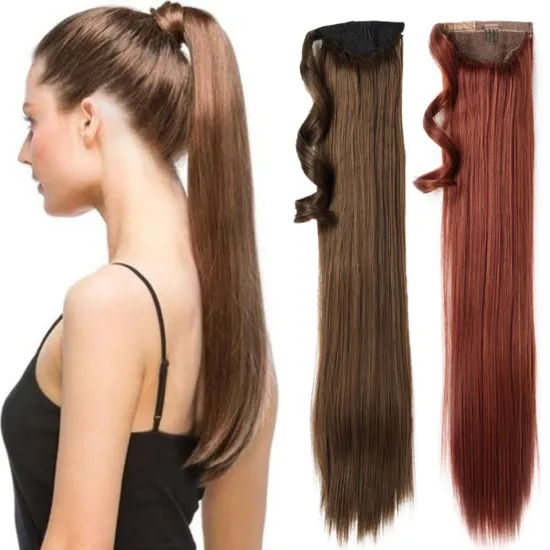 Soft Brown 24 inch Long Straight Drawstring Ponytail Hairpiece With Hairpins Pony Tail Hair Extensions Synthetic Ponytail