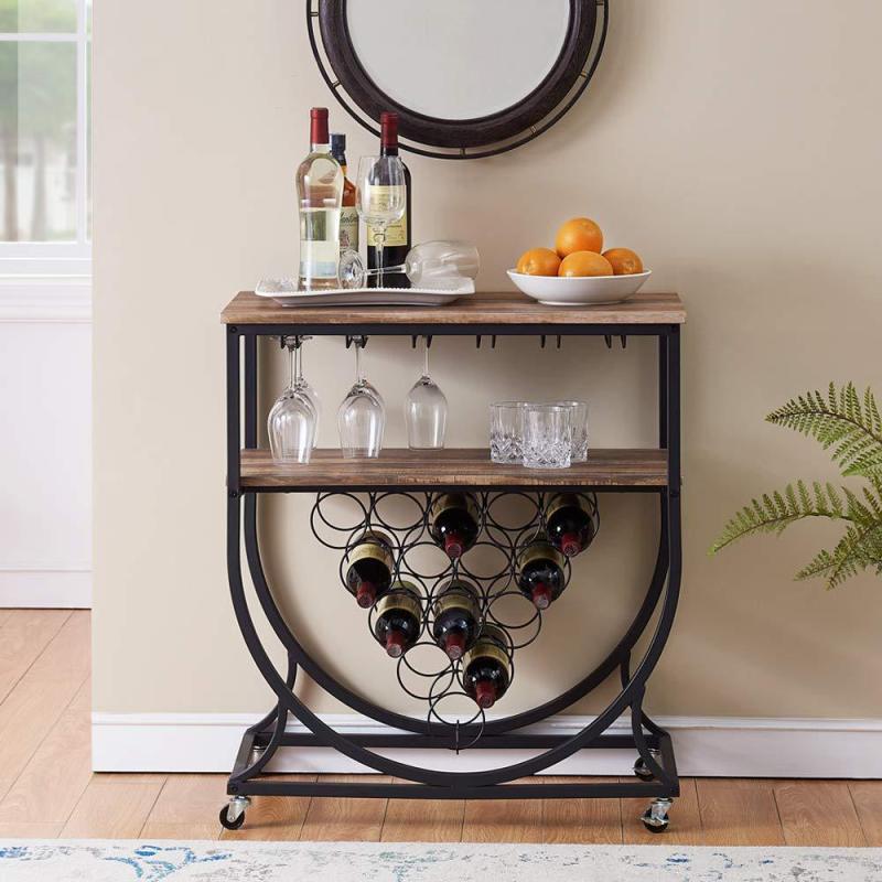 Modern Black Iron Push Cart for Storage and Glass Shelf Organization