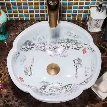 Chinese Style Ceramic Art Wash Basin - Flower Shape Hand Wash Basin