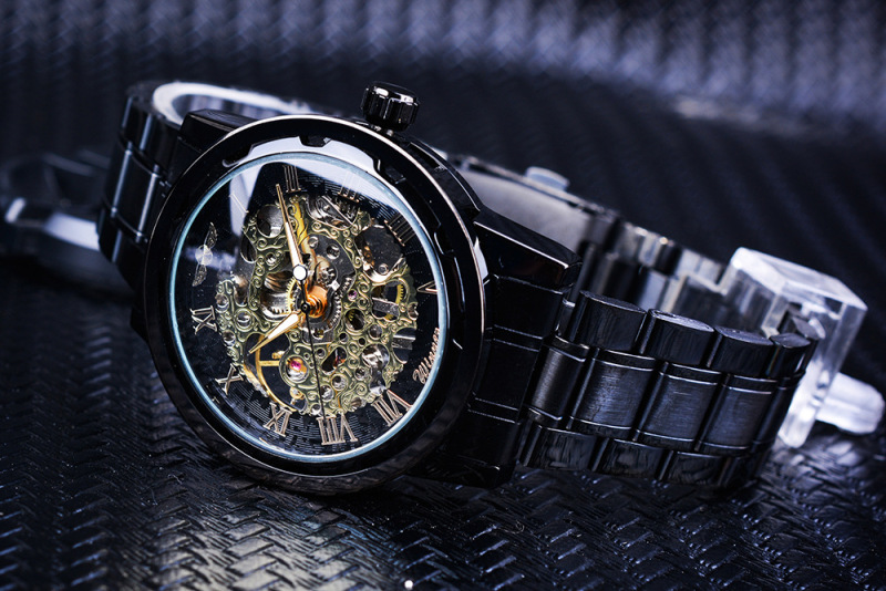 WINNER SLZ04: Stylish Luxury Black Manual Mechanical Watch with Skeleton Design and Stainless Steel Strap for Men