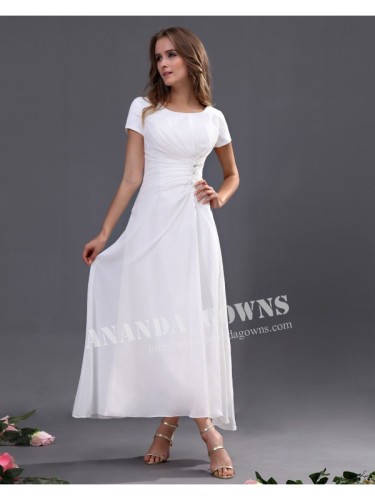 Custom Made Short Sleeves Scoop Ankle Length White Bridesmaid Dress New Glamorous Prom Party Gowns