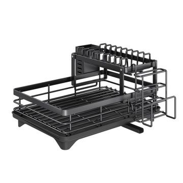 Large 2-Tier Carbon Steel Dish Drying Rack for Kitchen Counter: Perfect Organizer and Storage Solution for Dishes, Bowls, and Cutlery - Black