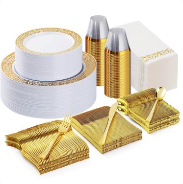 175PCS Gold Plastic Dinnerware Set for 25 Guests - Disposable Lace Plates, Silverware, Cups & Napkins