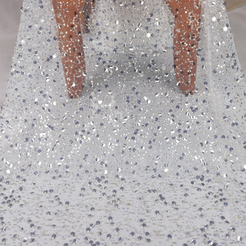 Crystal sequined beaded fabric White wedding dress fabric