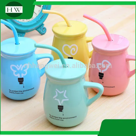 wholesale creative colorful milk water tea milk coffee mug cup with handle and lid and straw spoon