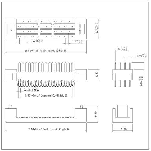 Conector del enchufe de inmersión del cabezal plano del cable plano de 1.27 mm (altura terminada 7.0)