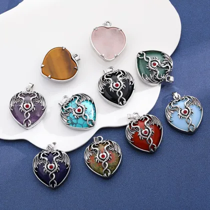 Black Obsidian Heart Antique Silver Double Dragon Stone Pendant (32x42mm) Keychain