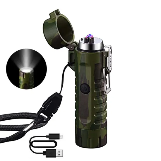 Waterproof USB Rechargeable Portable Outdoor LED Flashlight Electric Dual Arc Lighter
