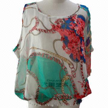 Chiffon blouse, off neckline, single piping sleeve hole, with elastic hemming