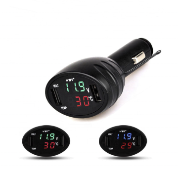 3-in-1 Digital LED Voltmeter Thermometer Monitor with Dual USB Ports Car Charger Kit
