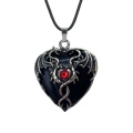 Black Onyx Heart Antique Silver Double Dragon Stone Pendant (32x42mm) for DIY Making Jewelry