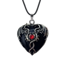 Black Obsidian Heart Antique Silver Double Dragon Stone Pendant (32x42mm) Necklace 45cm Black Cord