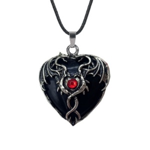 Black Obsidian Heart Antique Silver Double Dragon Stone Pendant (32x42mm) Necklace 45cm Black Cord