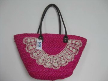 Corn husk ladies handbag rope handles with lace flower
