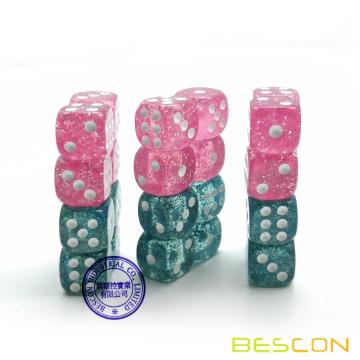 Bescon Ethereal Glitter 12mm jeu de 6 dés jeu de 24pcs en velours cordon de poche, rose et bleu sarcelle (12pcs de chaque couleur)