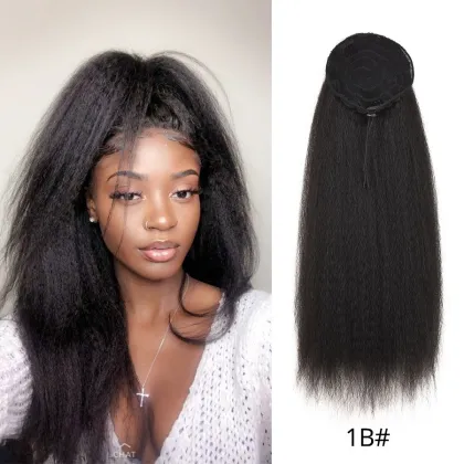 AliLeader Long Kinky Straight Synthetic Drawstring Ponytails Hair Extension Yaki Straight Ponytail Hairpiece