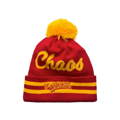 Chaos Script Logo Red Gold Pom Pom Beanie