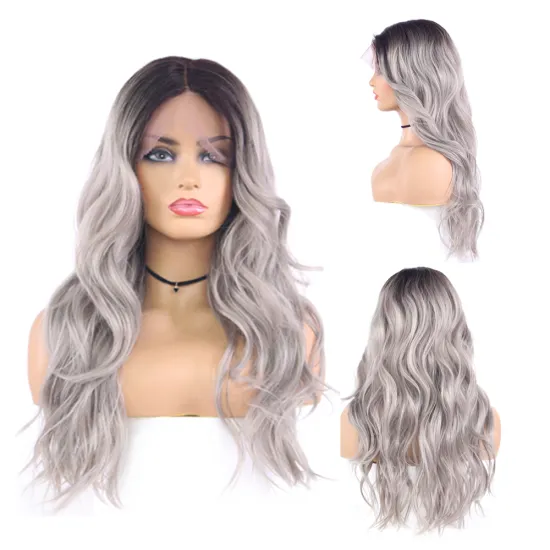 Ombre Pink Color Synthetic Lace Front Wig Natural Wave Black Grey Wigs 22Inch Length Heat Resistant Lace Wig For Women X-TRESS