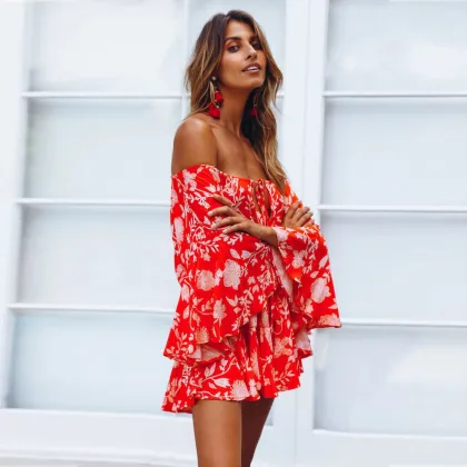 Hot Selling Bohemian Summer Dresses Women Printed Off Shoulder Ruffled Dress Jumpsuit Beach Vestidos