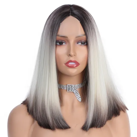 Dropshipping Short Straight Pre Plucked Ombre White Black Bob Lace Front For Women Fiber Wig Synthetic Hair