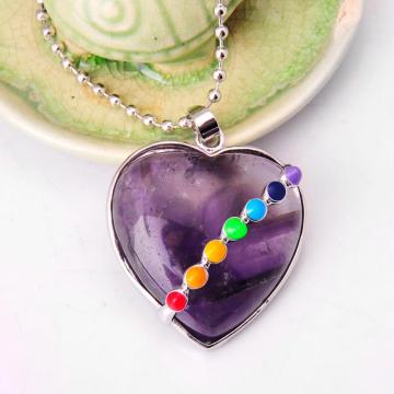 Seven Chakras Gemstone Amethyst Heart Pendant Necklace