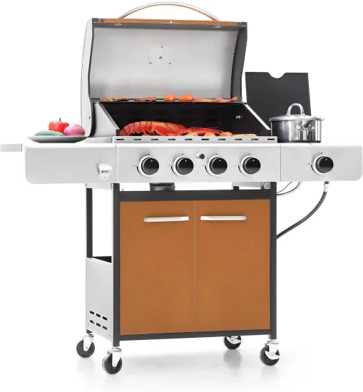 5-Burner Propane Gas BBQ Grill with Side Burner and Porcelain-Enameled Cast Iron Grates