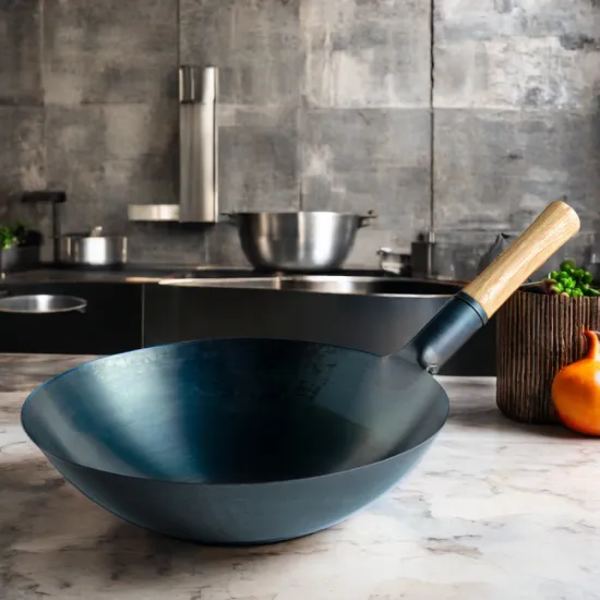 Round Bottom Carbon Steel Wok with Wooden Handle - Kitchenware Chinese Wok