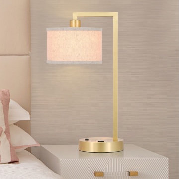 Modern Single Satin Brass Nightstand Lamp with USB and Fabric Shade