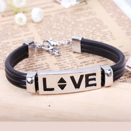 Metal Alloy Love Bracelet for women with leather cords and black enamel LOVE