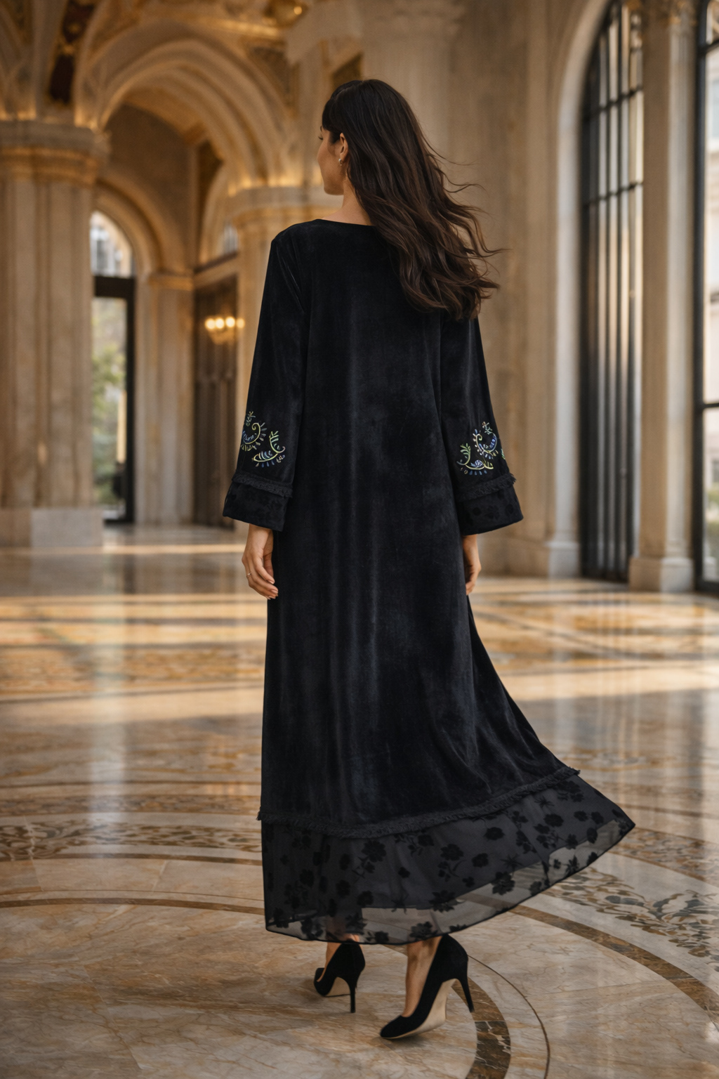 black embroidered velvet abaya floral hem back view