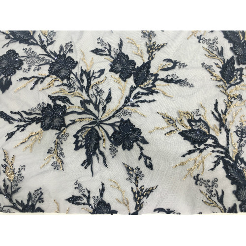 Tissu de broderie de paillettes de perles de couleur marine