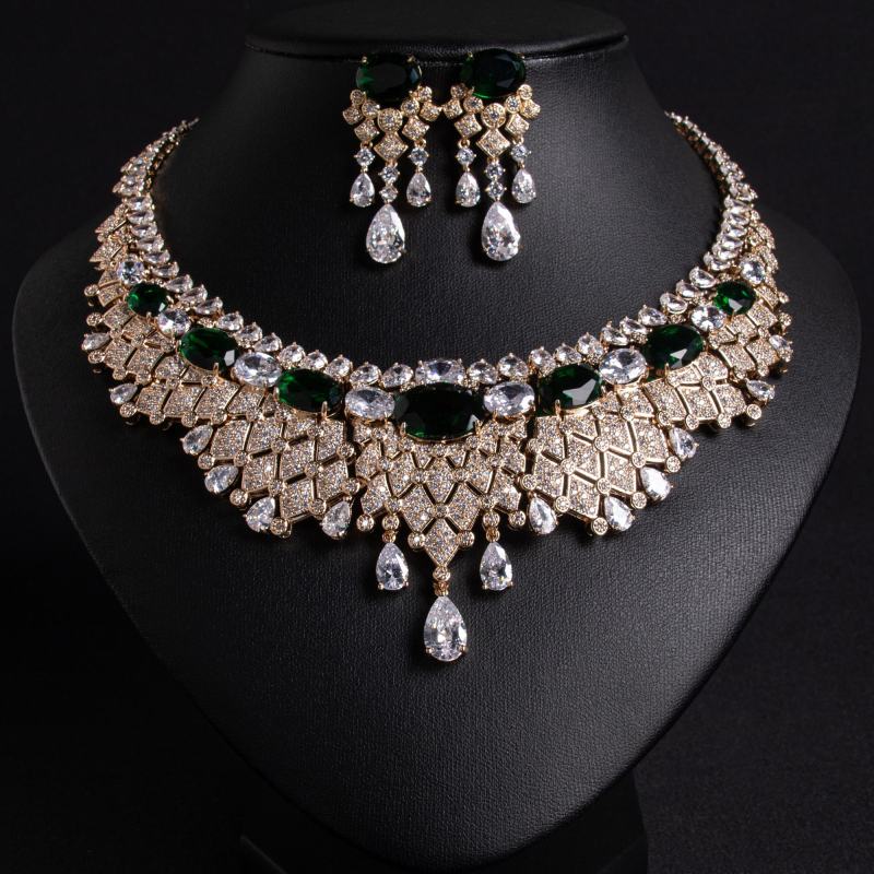 Oval Teardrop Fringe Collar CZ Bridal Necklace Earring Set