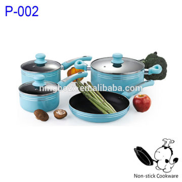 7 pcs blue non-stick cookware set stamped aluminum cooking pot with glass lid