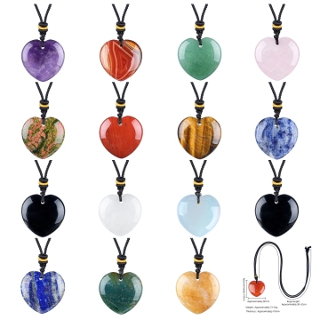 Crystal Heart Stone Pendant Necklace 30MM Love Heart Shape Quartz Gemstone Charms Pendants Choker With Black Adjustable Rope